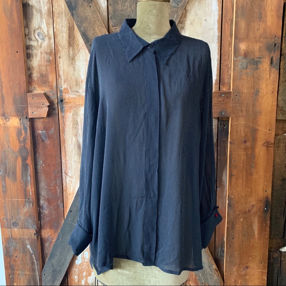 Marina Rinaldi Basic —pinstriped sheer dress shirt